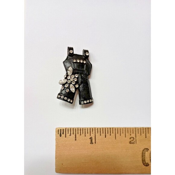 Black Overalls Brooch Pin Metal Crystal Clear Rhinestones Bling Fashion RARE - Picture 4 of 6